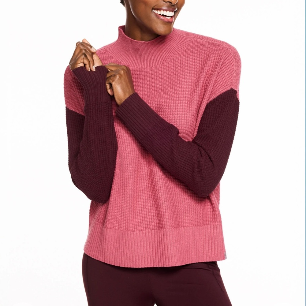 NWT Talbots pink & burgundy waffle knit color block turtleneck sweater sz S